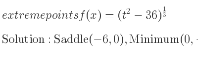 The extreme points of f(x)=(t^2-36)^{1/3} are Saddle(-6,0),Minimum(0,-36^{1/3}),Saddle(6,0)